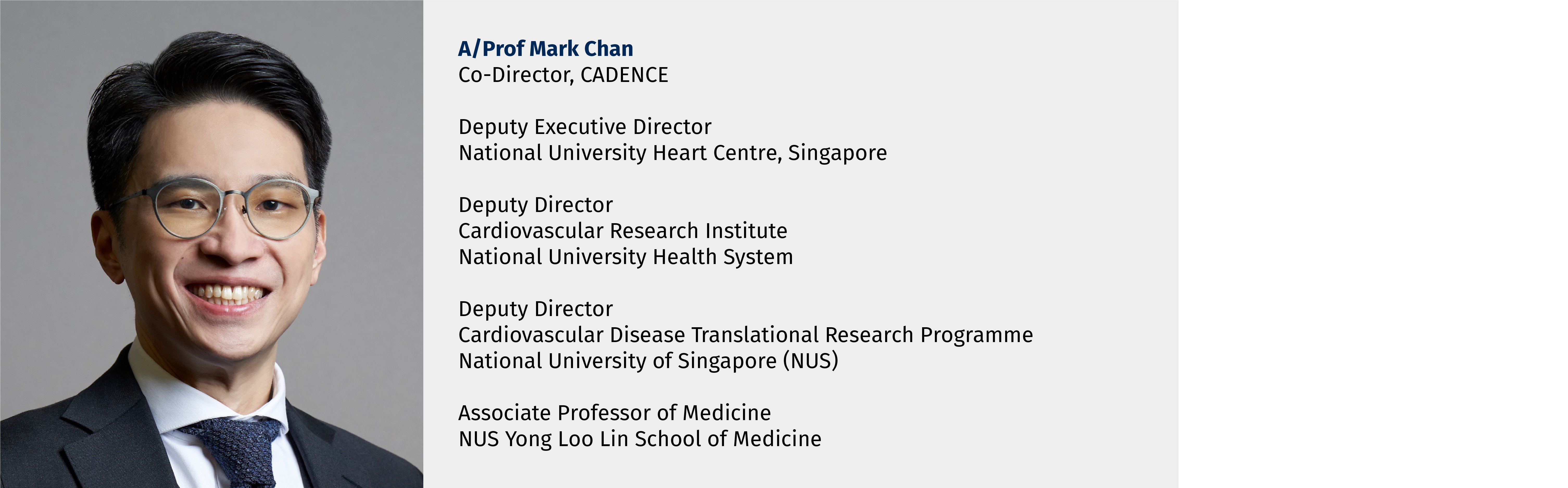 A smiling man in a suit and glasses beside text listing A/Prof Mark Chan's academic and medical roles.